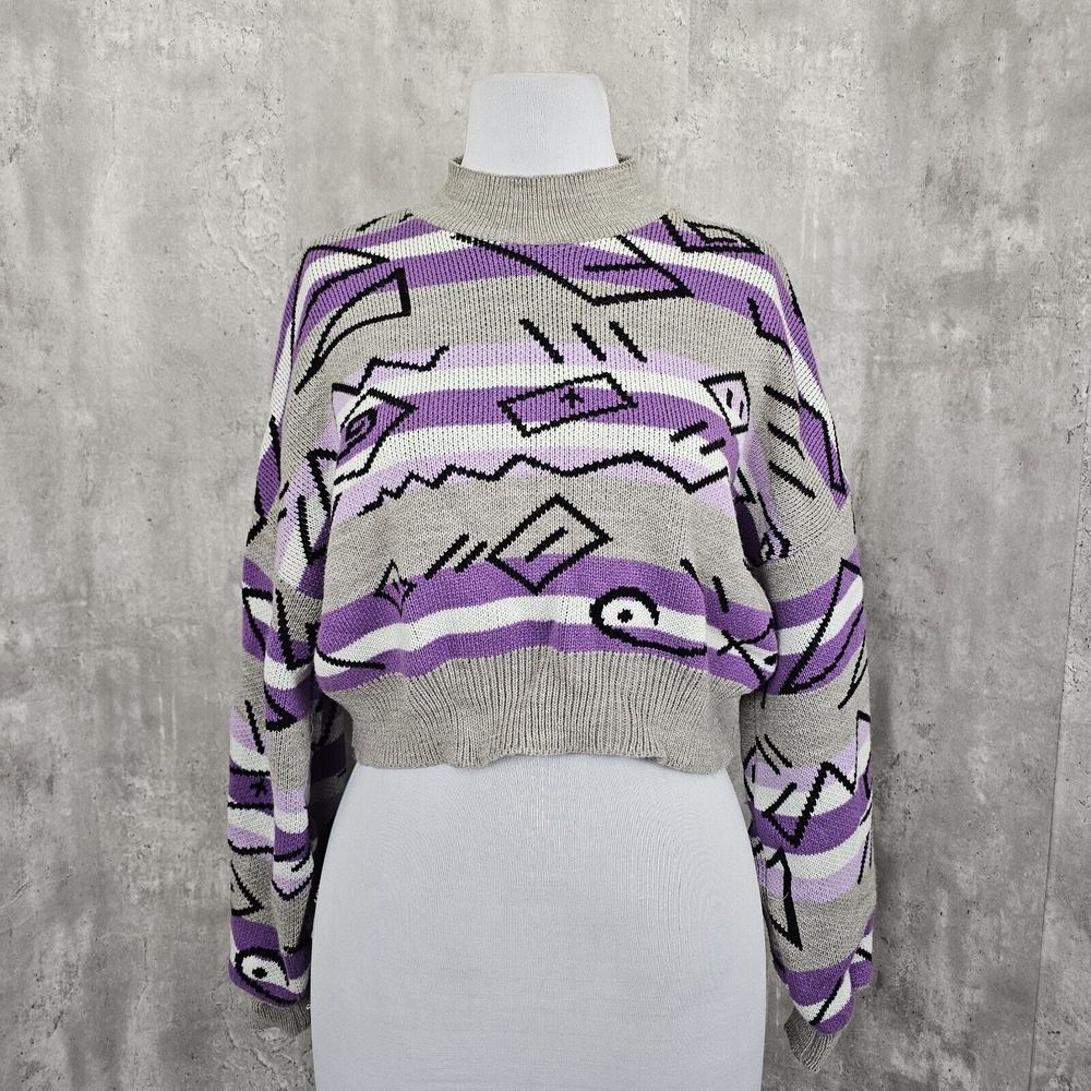Pera Plata Womens L Purple Grey Retro Geo Pattern Cropped Knit Pullover Sweater